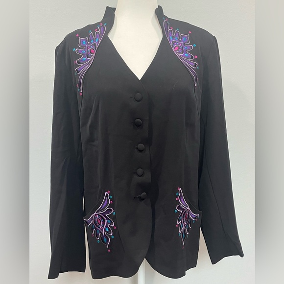 BOB MACKIE WEARABLE ART Blazer Size L‎ Black Multi Embroidered Button Front NWT - Picture 1 of 10